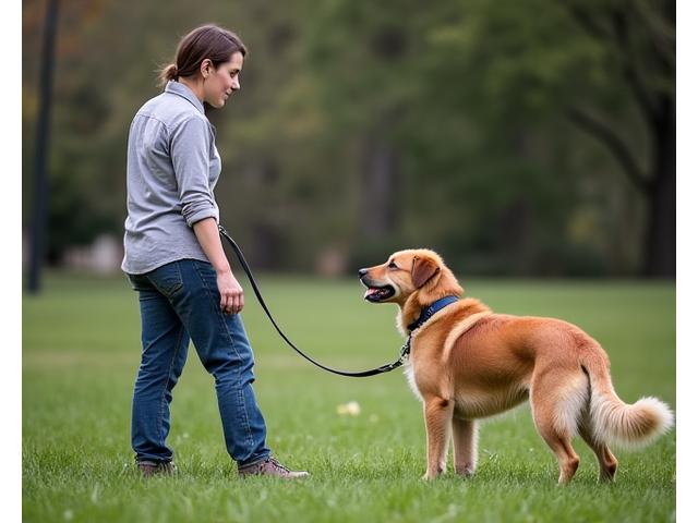 公園でトレーナーと基本コマンドを練習する犬