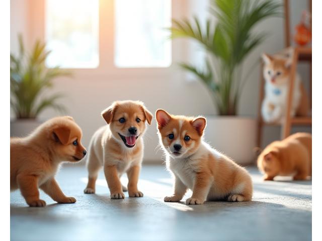 デイケアで他の犬と遊ぶ子犬