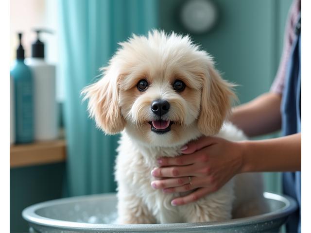 グルーミングサロンでシャンプーされているふわふわの犬