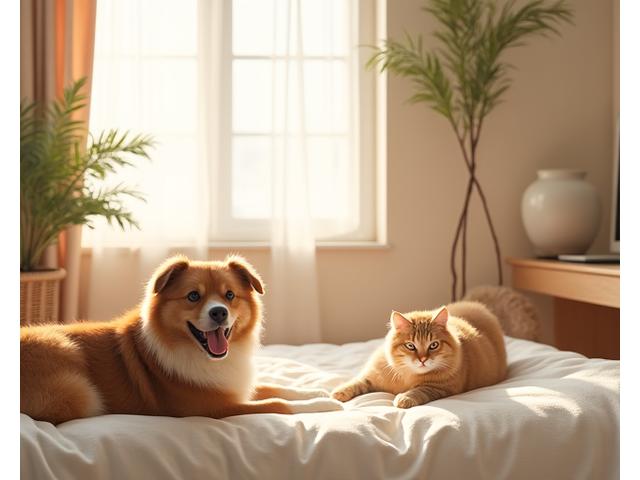 ペットホテルでリラックスしている犬と猫