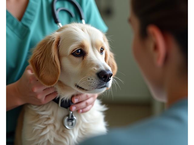 獣医が老犬を優しく診察している